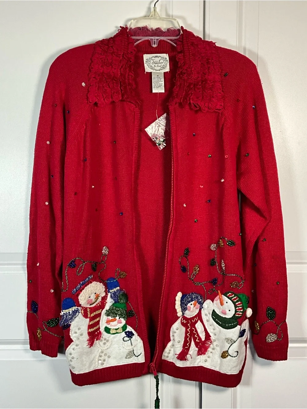 Vintage Stitches In Time Sweater Size M Red Beaded Christmas Snowman Cardigan